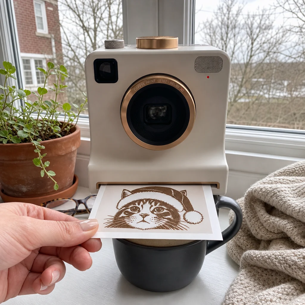 The Brew Gram coffee photo printer ejecting a printed stencil card over a mug