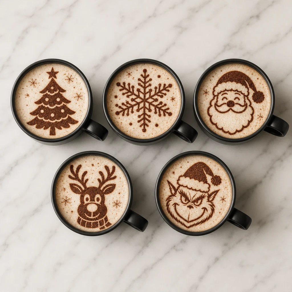 Five mugs of latte art with stencilled holiday designs: Christmas tree, snowflake, Santa, reindeer and more